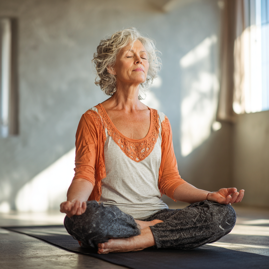 Senior woman practicing yoga in serene studio environment